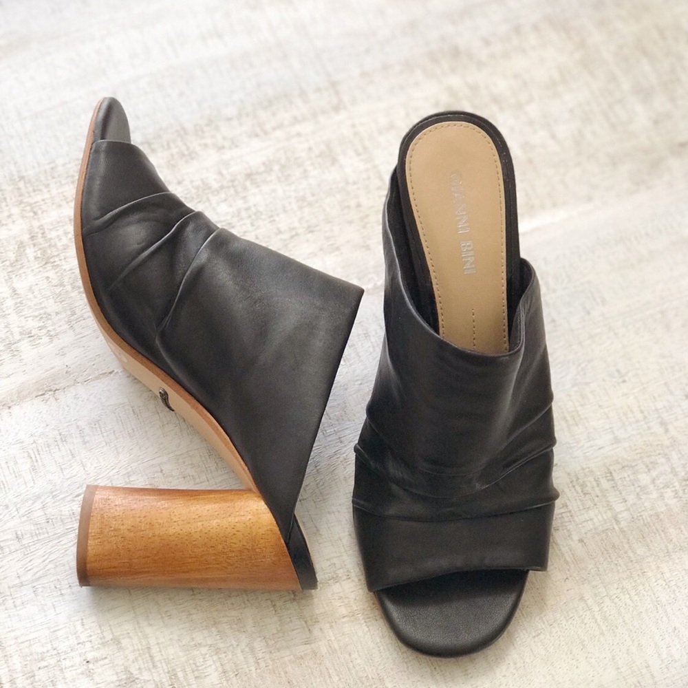 Black Leather Wood Heel Mules